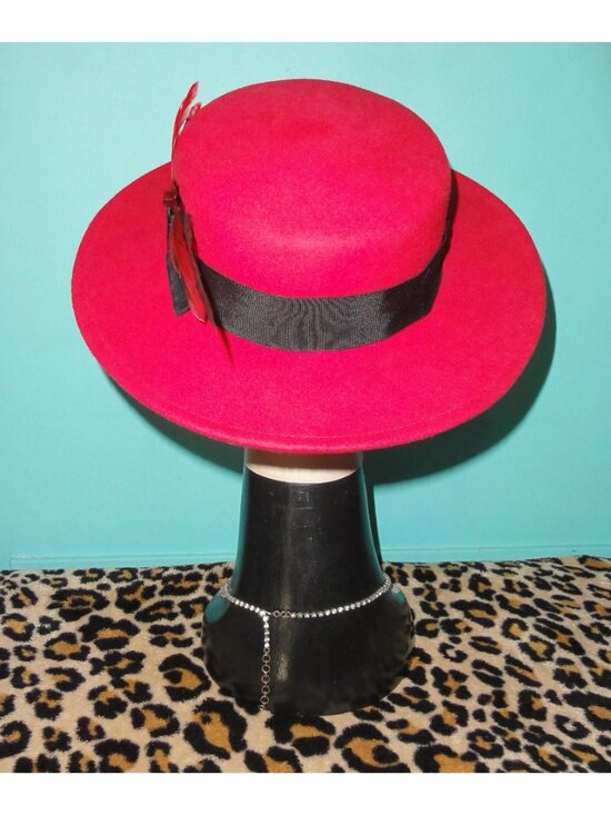 Vintage Red Wool Church Hat w/ Feathers pinup retro rockabilly Kentucky Derby main image 3